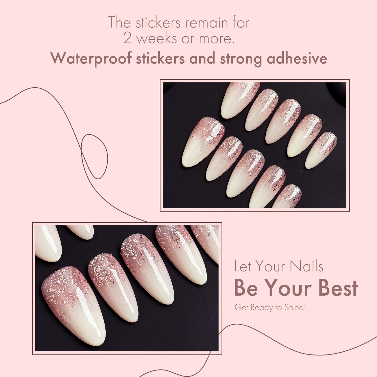 Rosé Sparkle Nude Glitter Press On Nails, 10pcs Elegant Pink Nude Gradient Almond Fake Nails, Soft Glam UV Gel/Acrylic Wearable Nails for Women - 25mm (Multicolor, S)