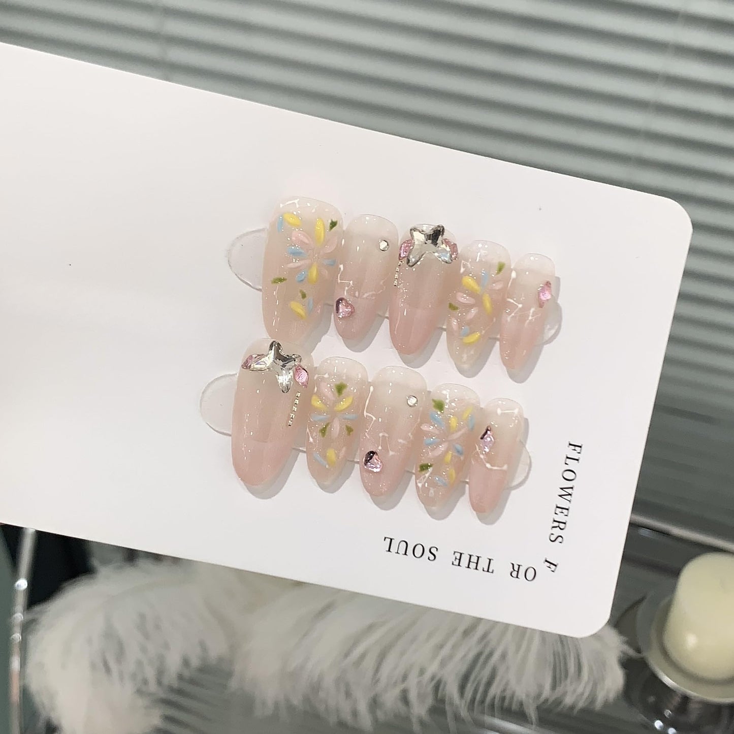TENPAL French Tip Press on Nails Short Almond Gradient Pink Nails Press Ons with Fireworks Flower Butterfly Chain Designs Cat Eye Nails Press ons Glossy Artificial Glue on Fake Nails Short(S)