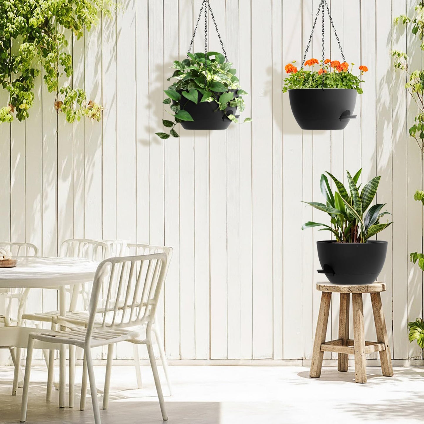 AHJZO 3 Pack 10 Hanging Flower Pots with Chains Self Watering Plastic Planters for Indoor Outdoor Plants, Sturdy Triangular Iron Chain Design for Garden PorchPlastic Hanging Flower pots (3, Black)
