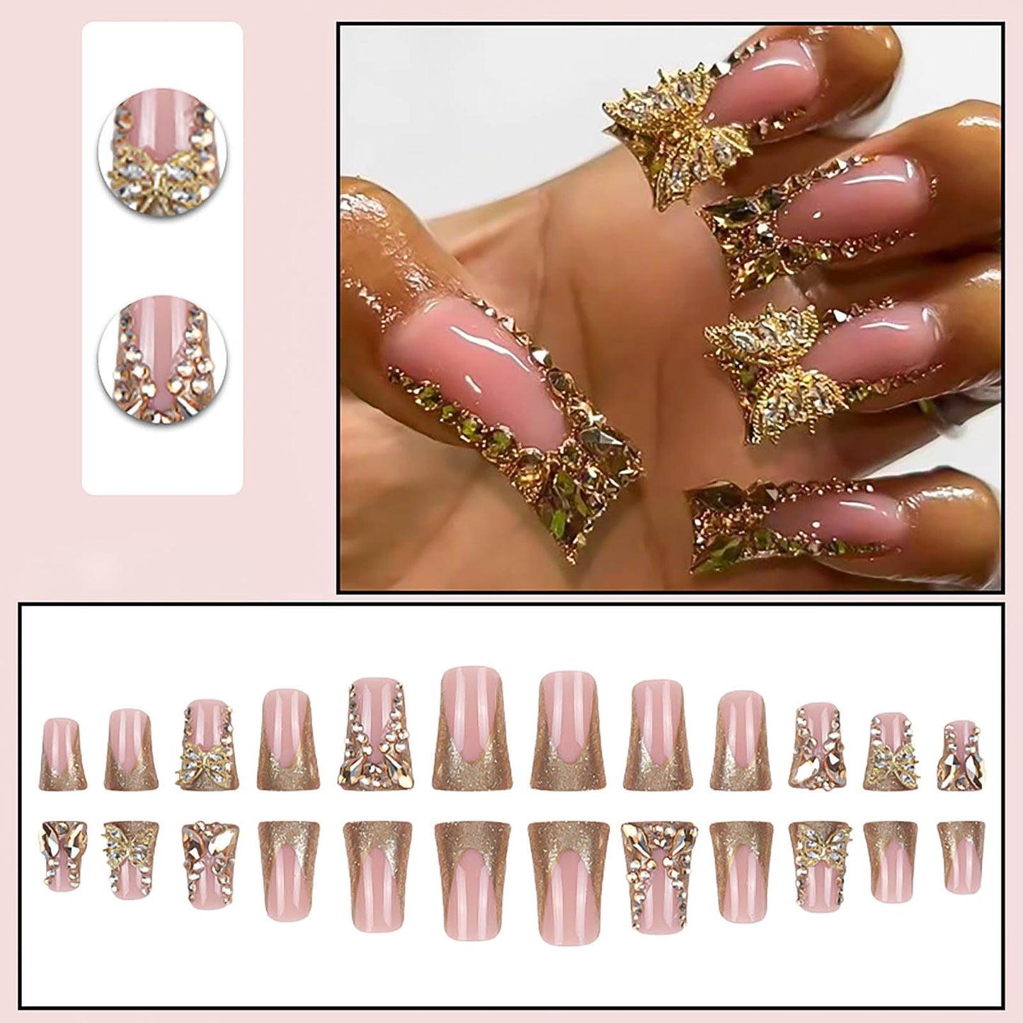 RUOKEXIN Long Press Duck False Nails Gold Glitter French Tip with Gold 3D Butterfly Designs - Glossy Artificial Nails, Cute Stick Ons for Women - 24Pcs