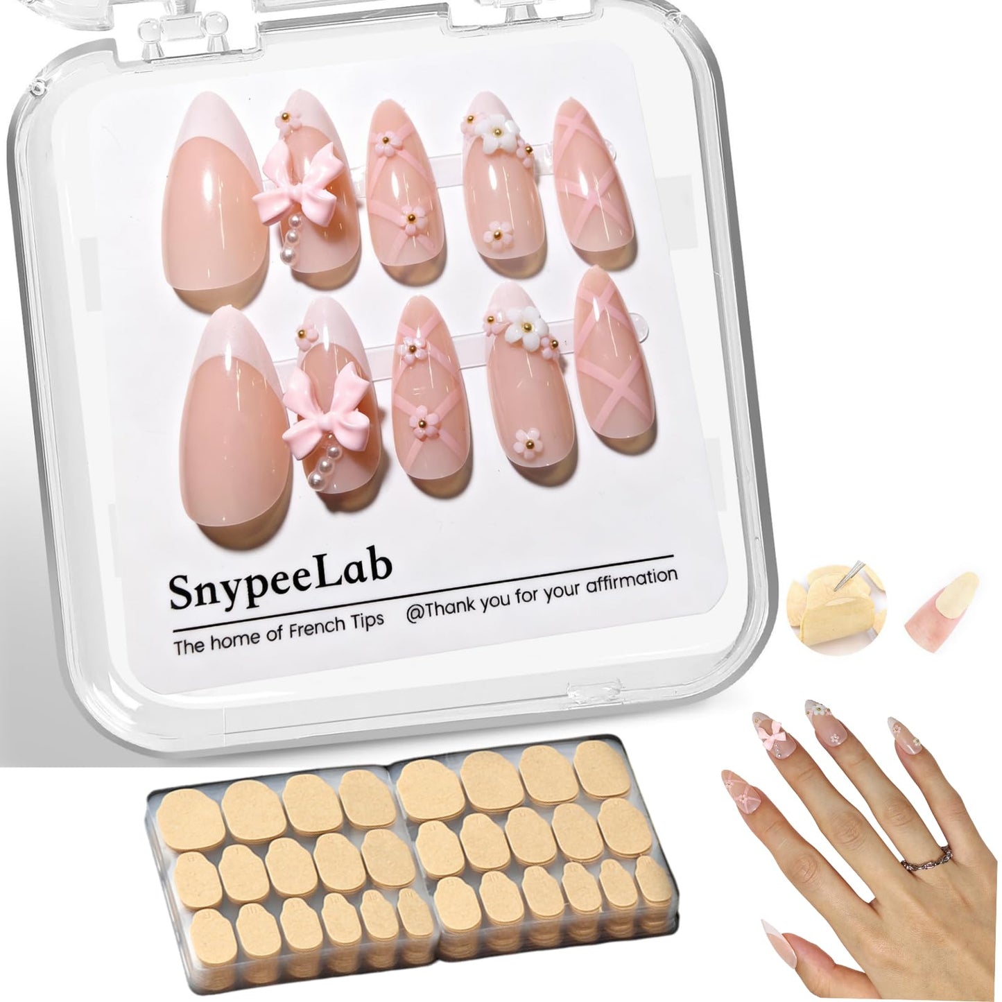 SnypeeLab Handmade Press on Nails with 600pcs Zero Damage Nail Adhesive Tabs Kits, 3D Flower False Nail for Women and Girls-24pcs
