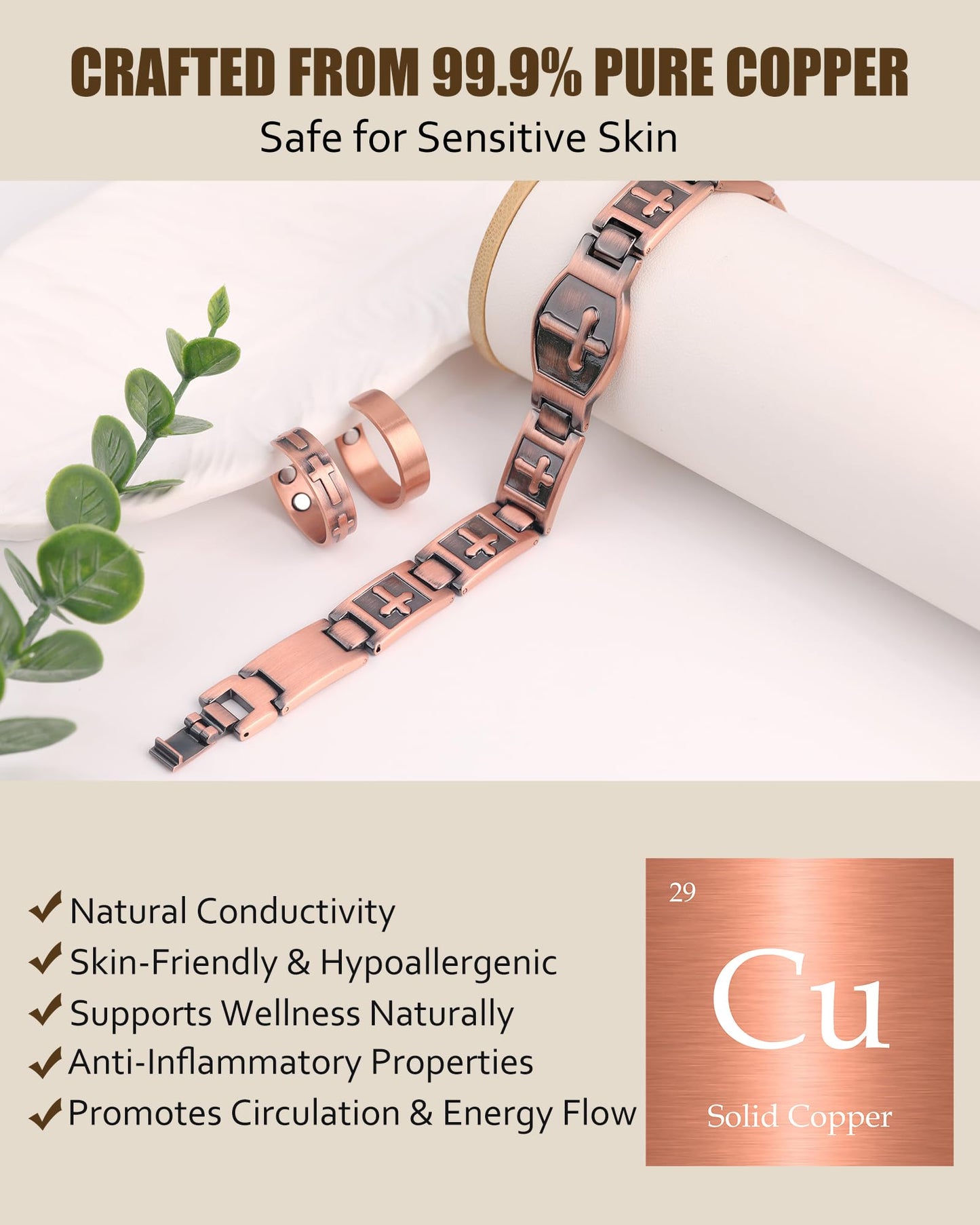 Jecanori Pure Copper Bracelet for Men, Ultra Strength Magnetic Cross Bracelets for Men, Mens Copper Cross Bracelet, Jewelry Gift with Sizing Tool