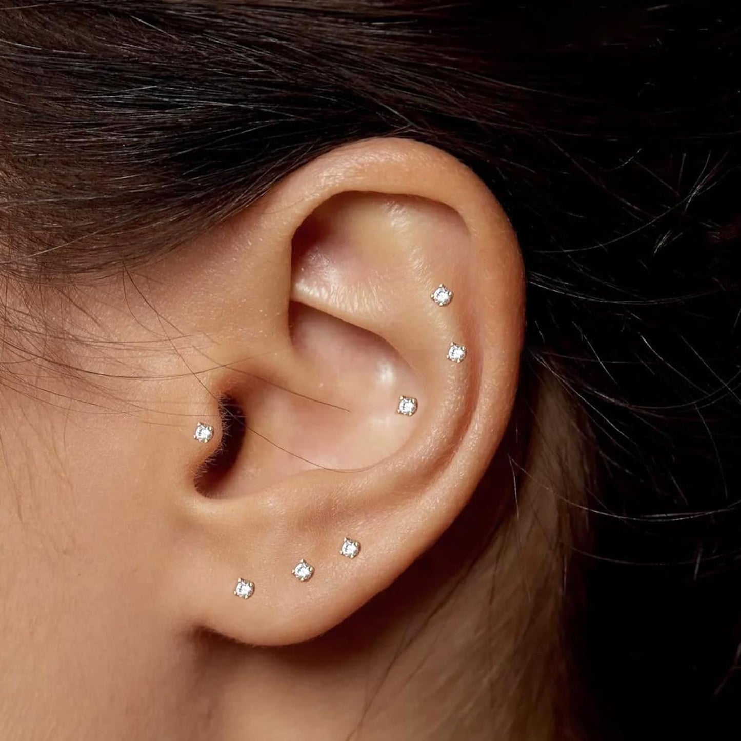 6 Pairs Gold 2mm Tiny Flat Back Earrings for Women Men, Surgical Steel 20G Small Stack Round Cubic Zirconia Earrings for Multiple Piercing, Hypoallergenic Piercing Studs for Sensitive Ears
