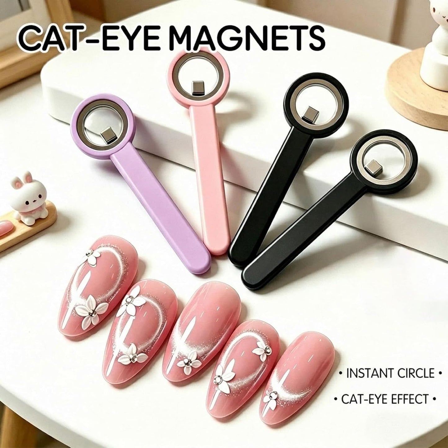 Ring-Shaped Cat Eye Magnet for Nails, Hollow Magnetic Design Circle Cat Eye Magnet for 3D Halo French Tip Nail Art, Home Salon DIY Manicure Tool (2Pcs-Black)