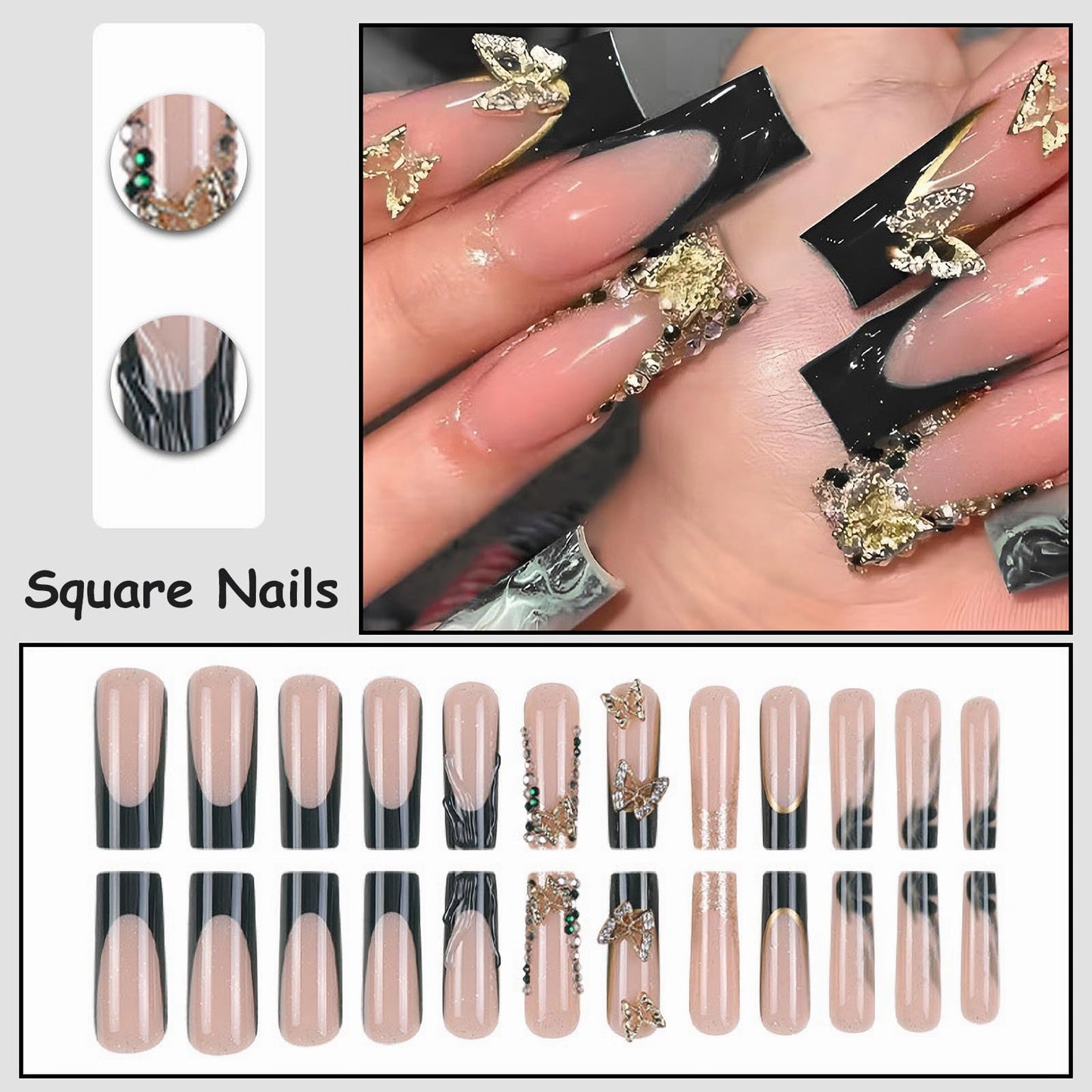 MISUD Press on Nails - Long Square Glue on Nails with Black French Tip, Acrylic Rhinestone Design 24 pcs