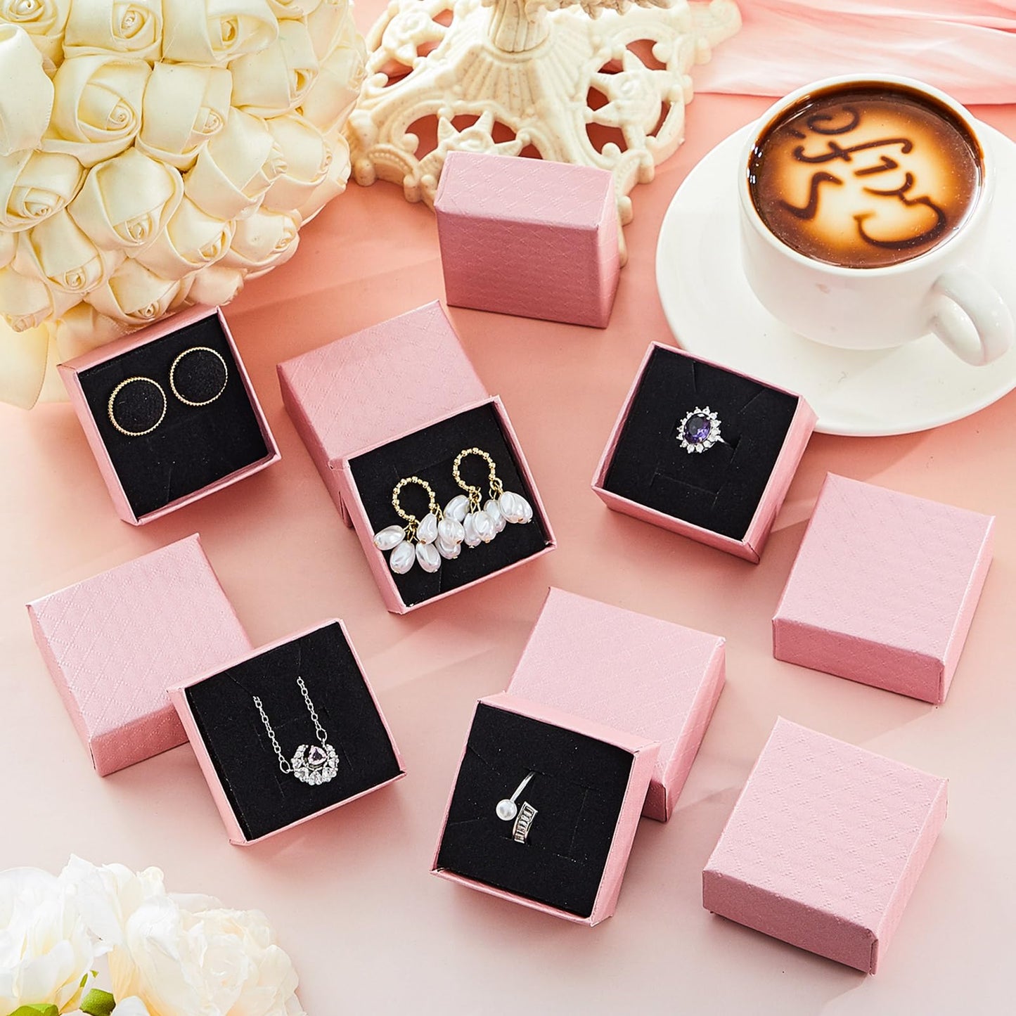 Landical 100 Pcs Jewelry Ring Gift Box 2'' x 2'' x 1'' Small Cardboard Earring Ring Gift Box with Velvet and Sponge Liner Pendant Case Bulk for Necklace Bracelet Earring Display Wedding (Pink)
