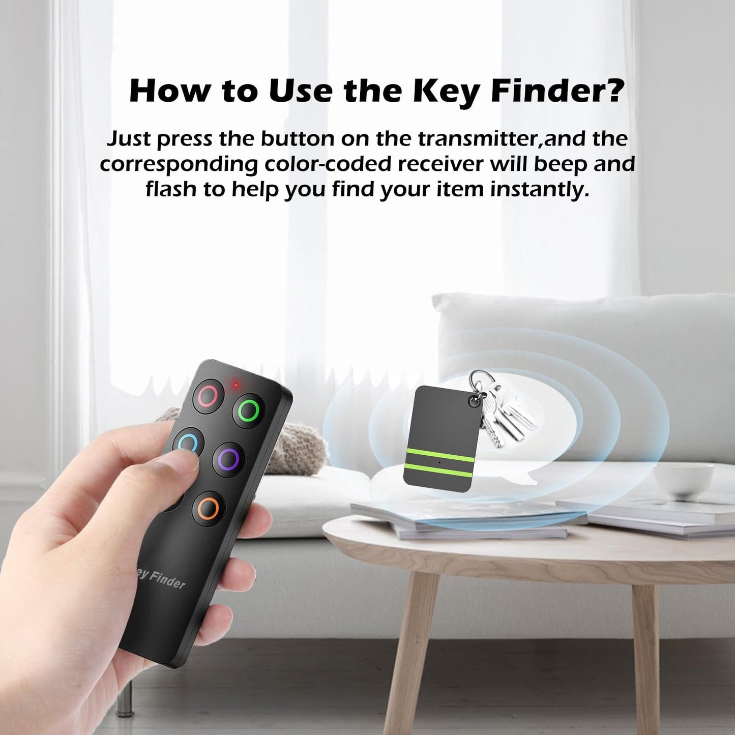 High-Volume Key Finder and Item Locator with RF Technology: 85dB+ Sound, 131ft Range, Wireless Remote Control, 6Receivers with Rings for Wallet, Keys, Pets and More