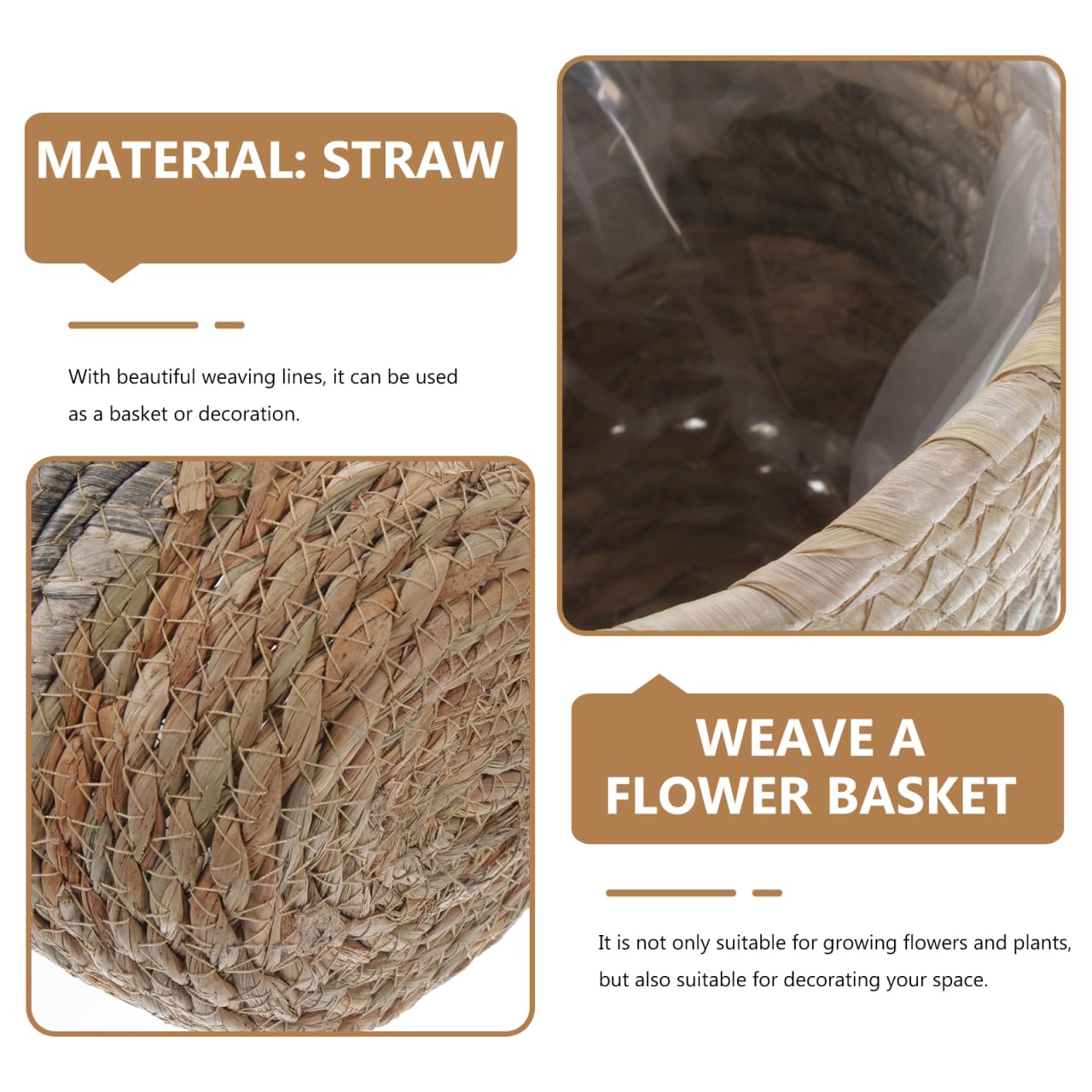 Healeved 2PCS Seagrass Plant Basket with Liner for Indoor Plants Rattan Pots 6inch Weaving Straw Planter Baskets Wicker Small Rustic Decorative Flower Pots for Desktop