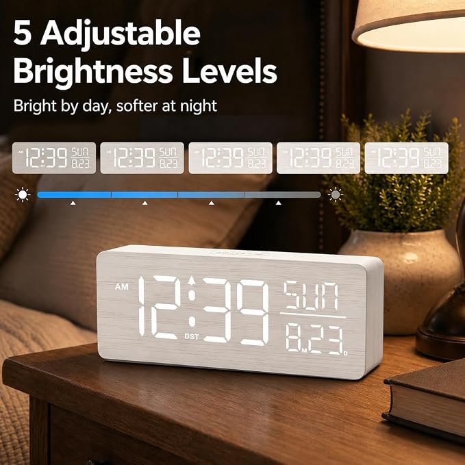 Peakeep Wooden Digital Alarm Clock Large Display, Textured Decoration