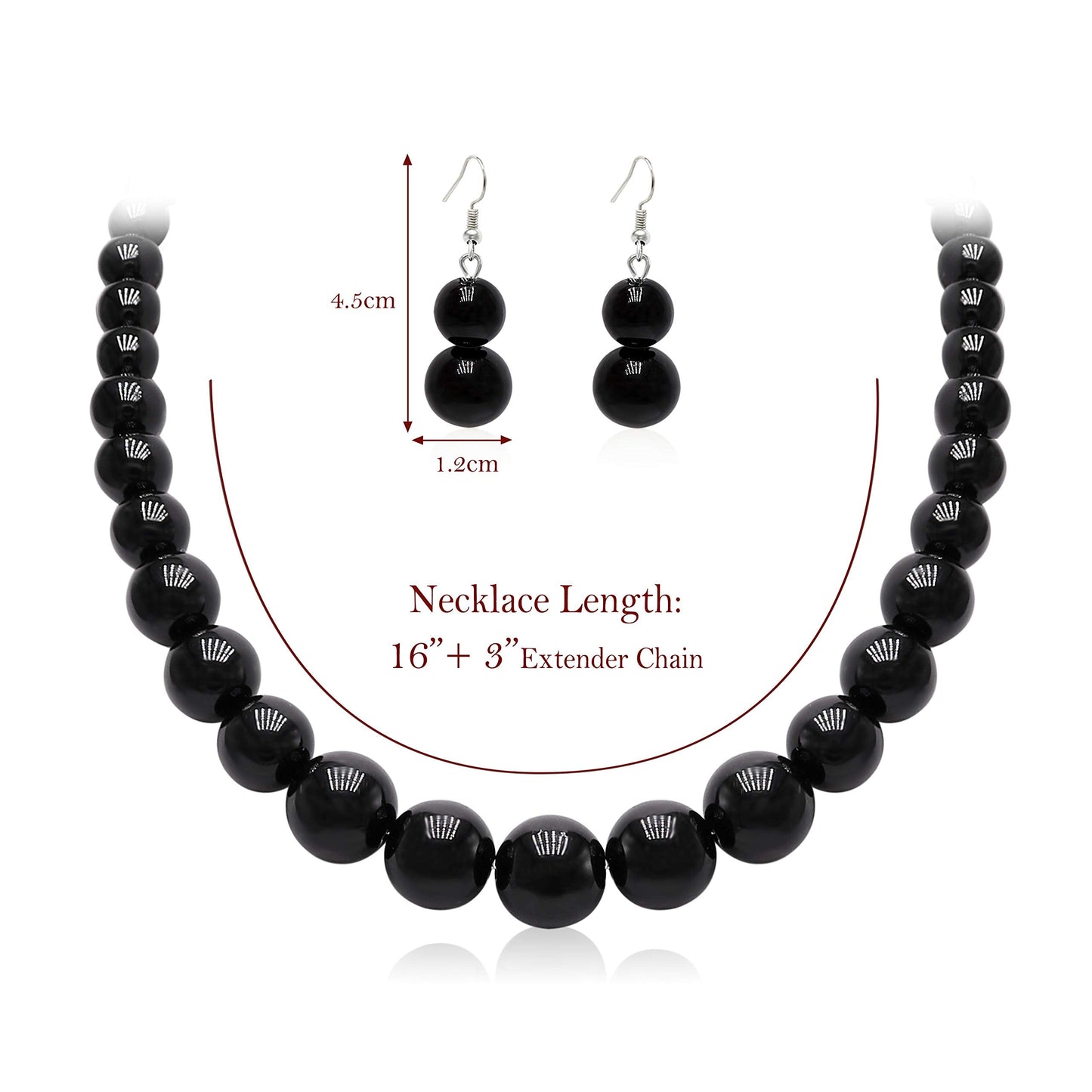 Cryshimmer Black Beads Necklace Earring Set for Women Chunky Beads Strand Statement Necklaces Costume Jewelry