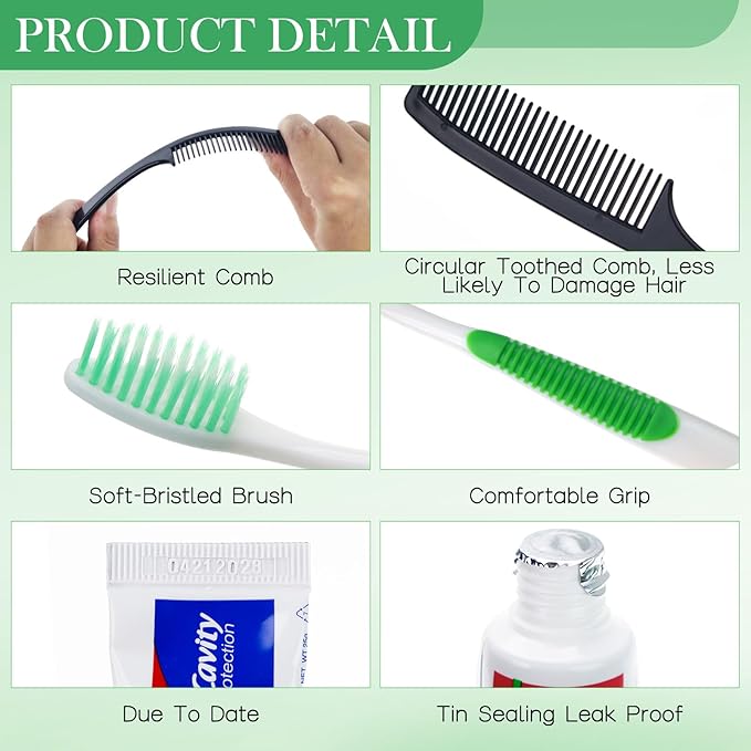 50 Set Personal Care Travel Toiletries Sets Bulk,7-in-1 Disposable Toothbrushes with Toothpaste and Floss,Comb,Soap,Cover,Zip Bag Toiletry Travel Toothbrush Kit for Homeless,Hotel,Charity