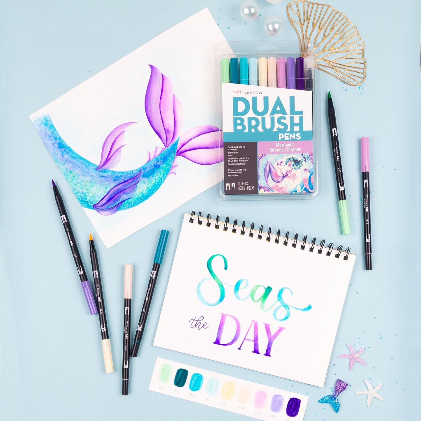 Tombow 56256 Dual Brush Pen Art Markers, Mermaids, 10-Pack, Water-Based Ink, for Hand Lettering, Watercolor, Fine Art, Illustrations