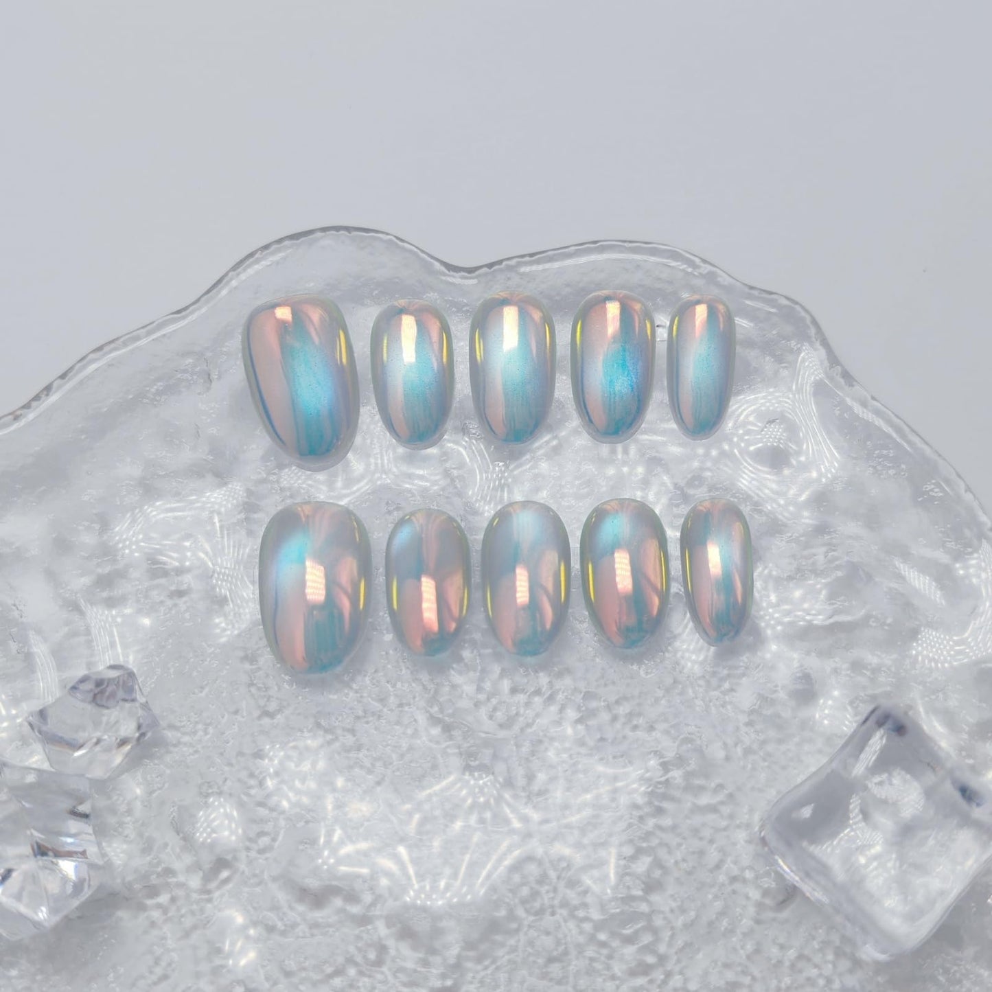 Cat Eye Press on Nails Handmade Short Oval/Square/Round False Nails with French Tip/Aurora/Magnetic Shimmer Designs (Aurora#Bubbles M)