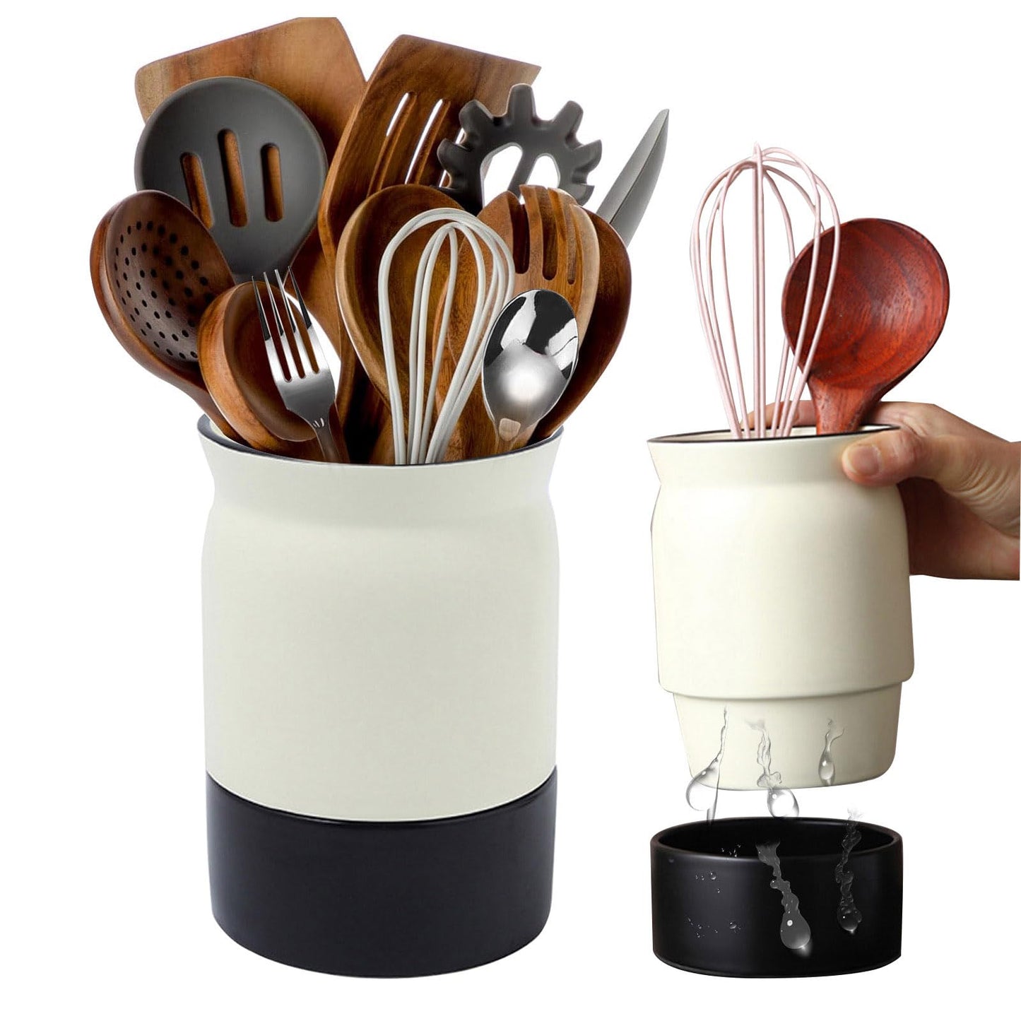 Utensil Holder With Draining Layer, Ceramic Kitchen Utensil Crocks for Kitchen Counter Decor, Utensils Drying Holder, Cooking Tool Organizer Gifts for Mom, Cooking Enthusiasts, Chefs, and Homemakers