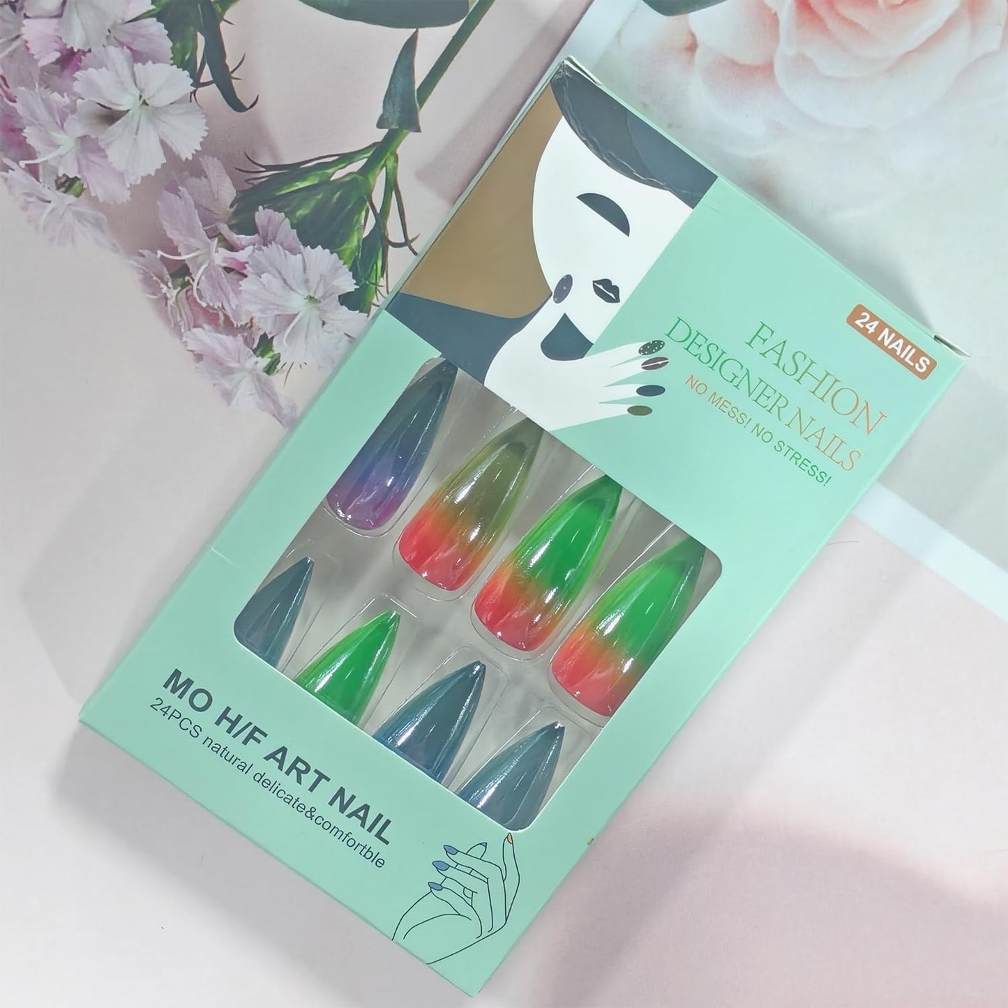 CJDLTS Multicolor Press on Nails Medium Artificial Almond Acrylic Gradient Rainbow False Nails Solid Color Chrome Reusable Full Cover Glossy Press Ons Artificial Fingernails for Women Manicure 24Pcs