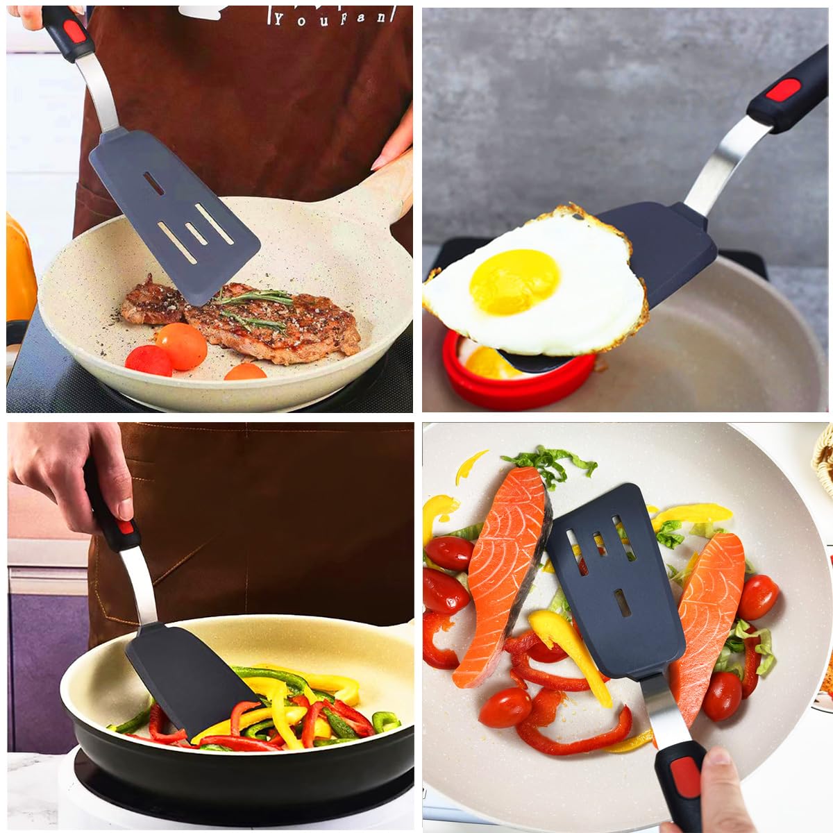 KLAQQED 4Pcs Spatula Silicone Heat Resistant Flexible Rubber Silicone Spatulas for Nonstick Cookware, Burger Pancake Spatula Turner Large Spatulas Set for Cooking Kitchen Utensils Set Black