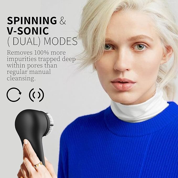 Face Scrubber, Facial Cleansing Brush, Waterproof & Rechargeable Face Scrub Brush for Men&Women, Electric Facial Exfoliator with 3 Brushes, 3 Intensities, 2 Modes with Eye Roller - Charcoal