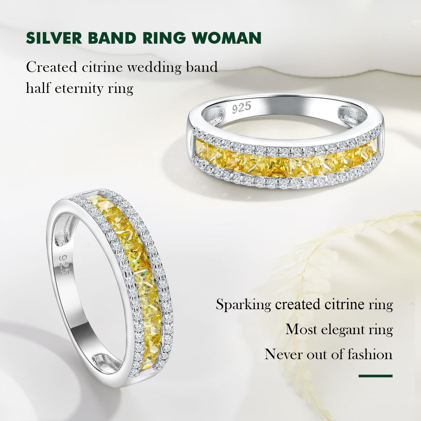 RANDES Citrine Ring 925 Sterling Silver Band Rings for Women Channel Set Princess Cut Eternity Band November Birthstone Ring Size 10