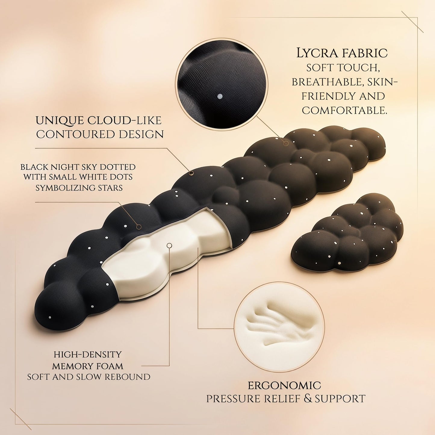 LJYZMD Cloud Wrist Rest Set for Keyboard and Mouse, Includes Cute Coaster, with Computers and Laptops (Black Star Set)
