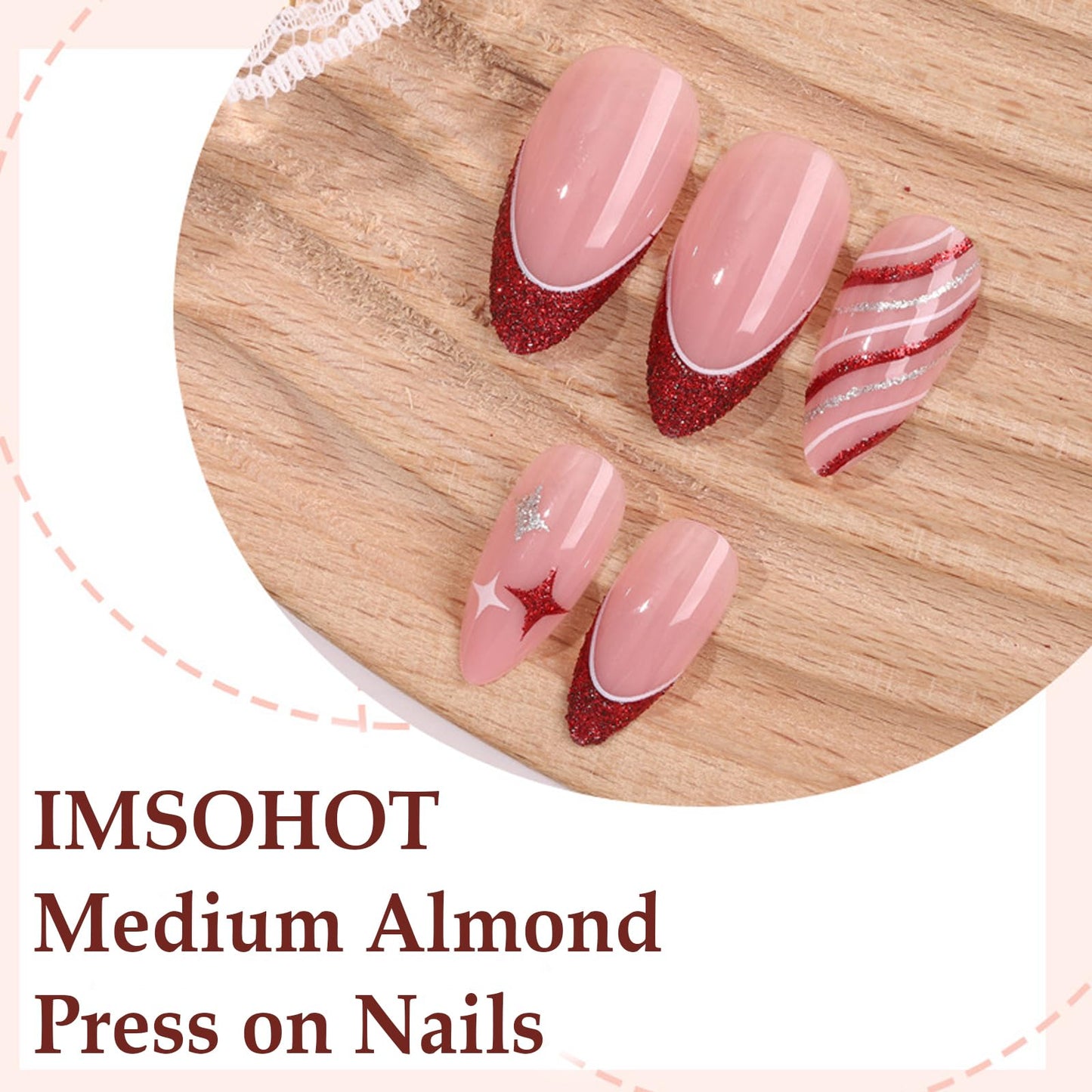 IMSOHOT Press on Nails Medium Almond Fake Nails Red Silver Glitter Glue on Nails Full Cover Cute Bling Star Acrylic False Nails