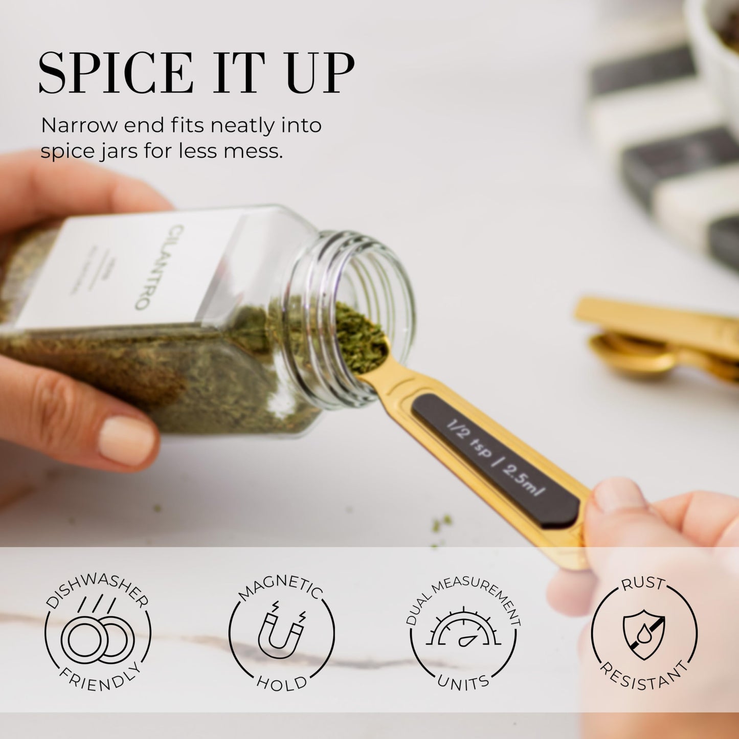 Gold Magnetic Measuring Spoons with Leveler - Featuring 8-Piece Upgraded Style, Dual-Sided, Stackable, Stainless Steel Gold Measuring Spoons Set - Fits in Spice Jars, Luxury Kitchen Accessories