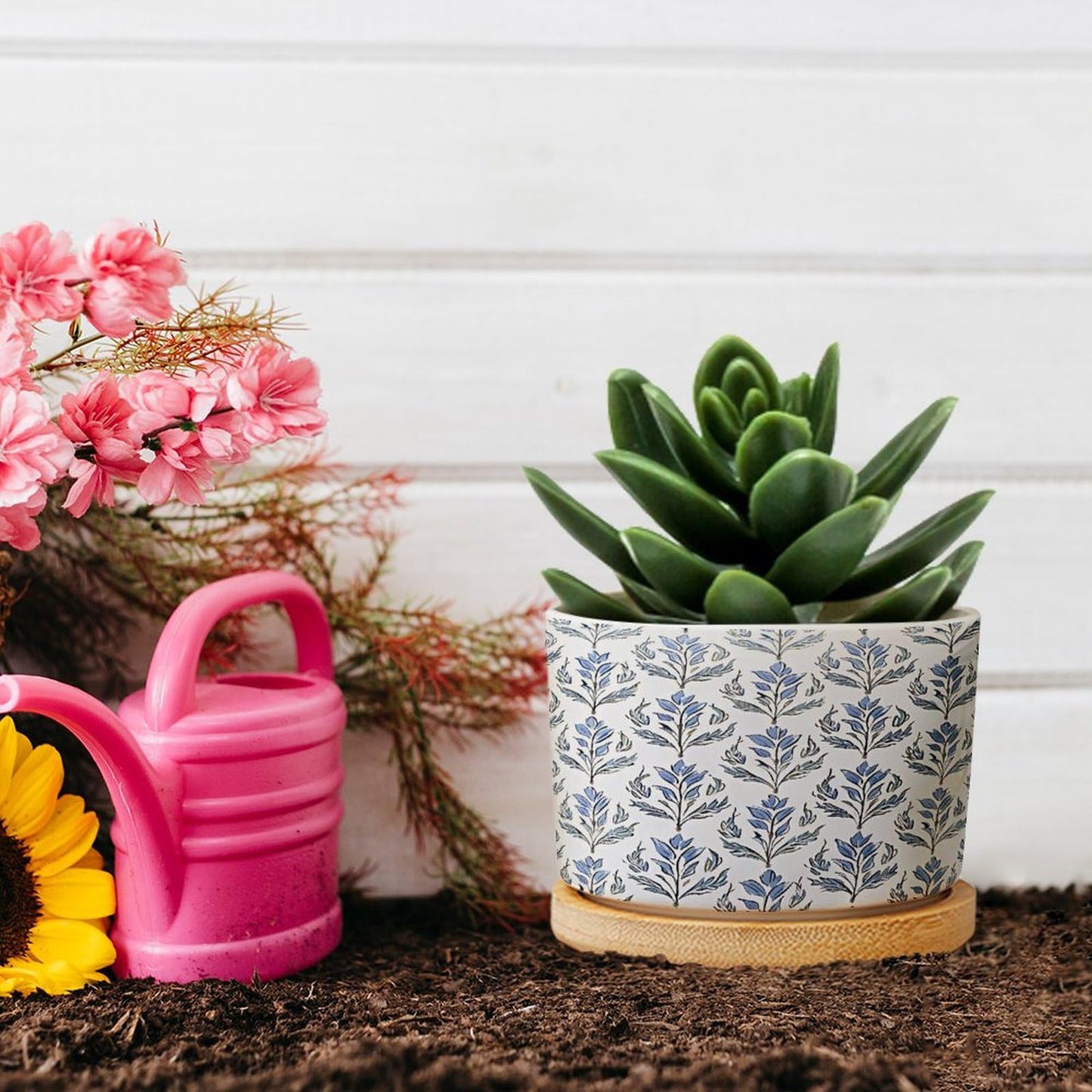BRUYU5SE Mughal Flower Ceramic Planters Blue Floral Snake Plant Live Indoor with Pot with Drainage Holes and Saucers Pot for Indoor Outdoor Garden
