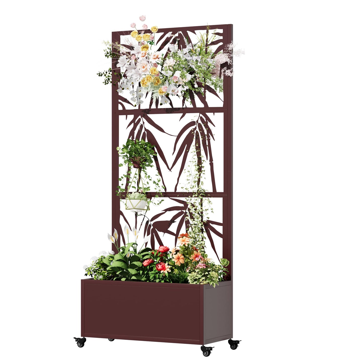 UPHYB Metal Planter Box with Trellis, 71"x 35"x 16" Raised Garden Bed with Trellis, Planter Box Trellis with Privacy Screen, Drainage Holes and 4 Lockable Wheels, Brown, Bamboo Style