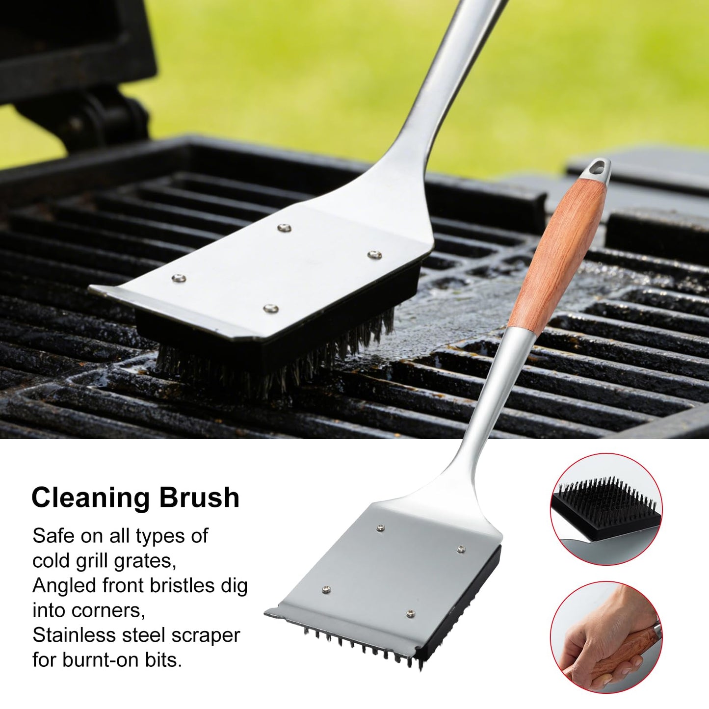 Heavy-Duty Wood BBQ Grilling Accessories Tools Set, Premium Thickened Stainless Steel Barbecue Utensils for Outdoor Grilling