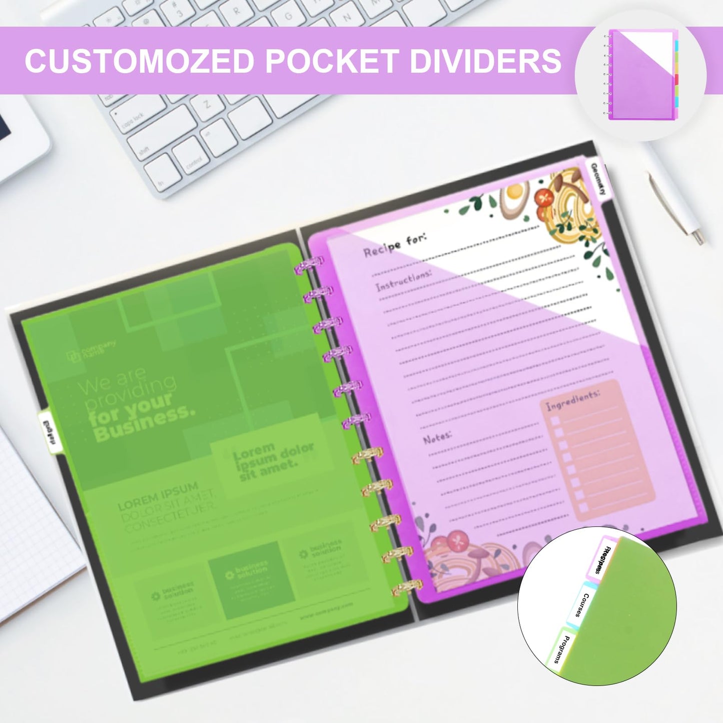 11 -Discbound Pocket Divider with 8 Tabs,2 Set Letter Size Tul Notbook Divider Folder Dis Planner Inserts for for Document Discbound System, Office Home School（16PCS
