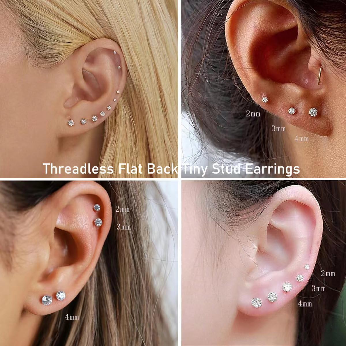 Yetonload Threadless Flat Back Tiny Stud Earrings,Surgical Grade Titanium Hypoallergenic Earrings Men,Gold Cubic Zirconia Studs,Stainless Steel Set, 2-4MM Cartilage Earrings,6 Pairs (A-Gold)