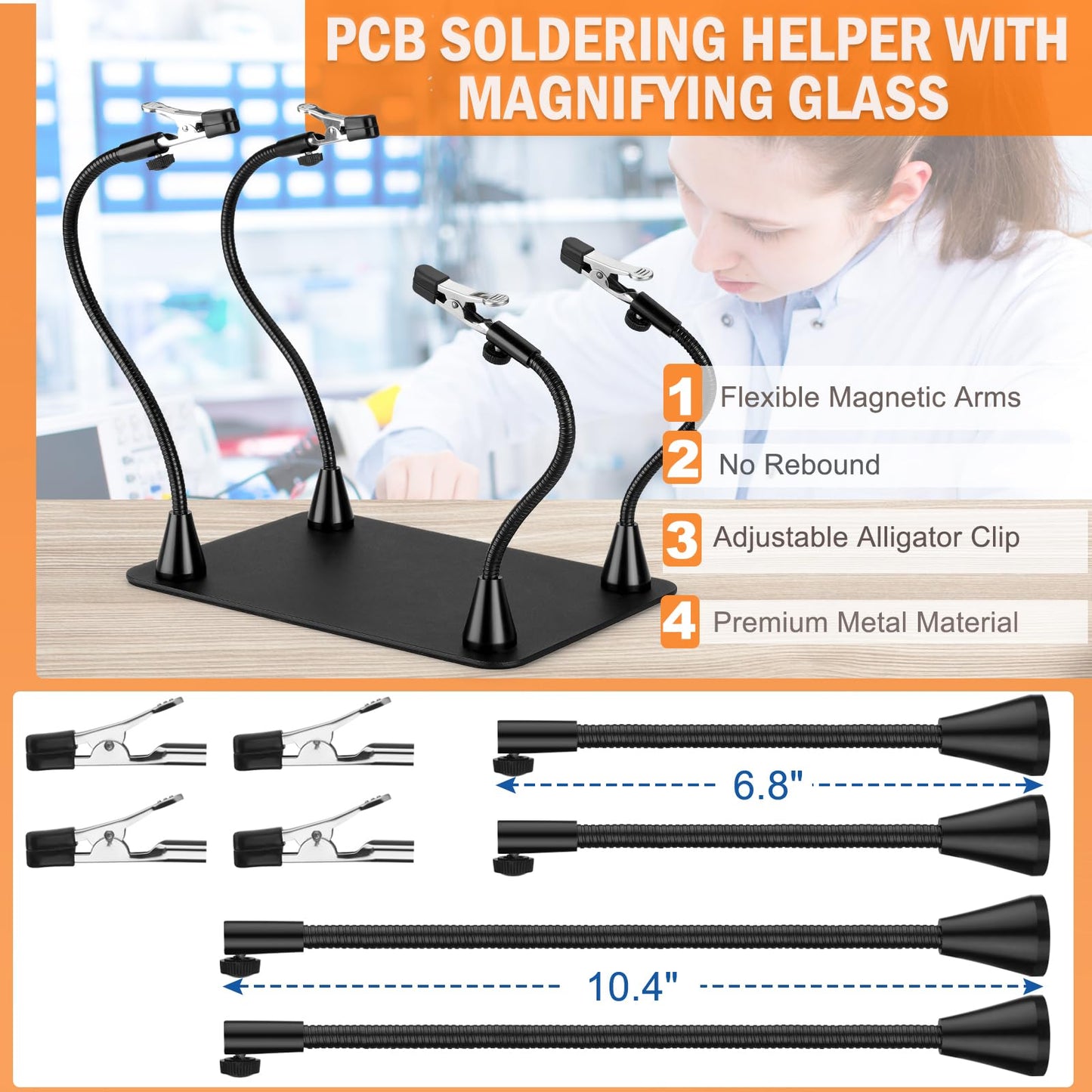 Drdefi Extra Magnetic Helping Hands Soldering Third Hand, Soldering Station with Alligator Clips PCB Circuit Board Holder Tool 4 Gooseneck Arms Non-Slip Base for Electronics Repair Jewelry Hobby