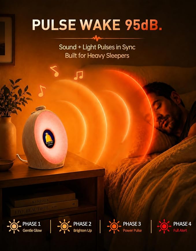 Dekala Sunrise Alarm Clock for Heavy Sleepers with Pulse Wake, Sunset Sound Machine with Breathing Ambient Light, Loud Alarm for Bedrooms, Wake Up Light, Digital Color Display & 7 Themes, No App