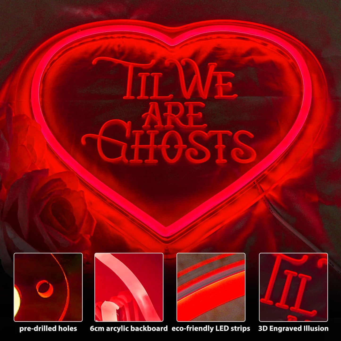 Til We Are Ghosts Neon Sign, Halloween Decoration Red Heart Shape Gothic LED Sign,Creepy Spooky Gothic Room Window Bedroom Wall Decor, for Wedding Decor, Anniversary Engagement Gift