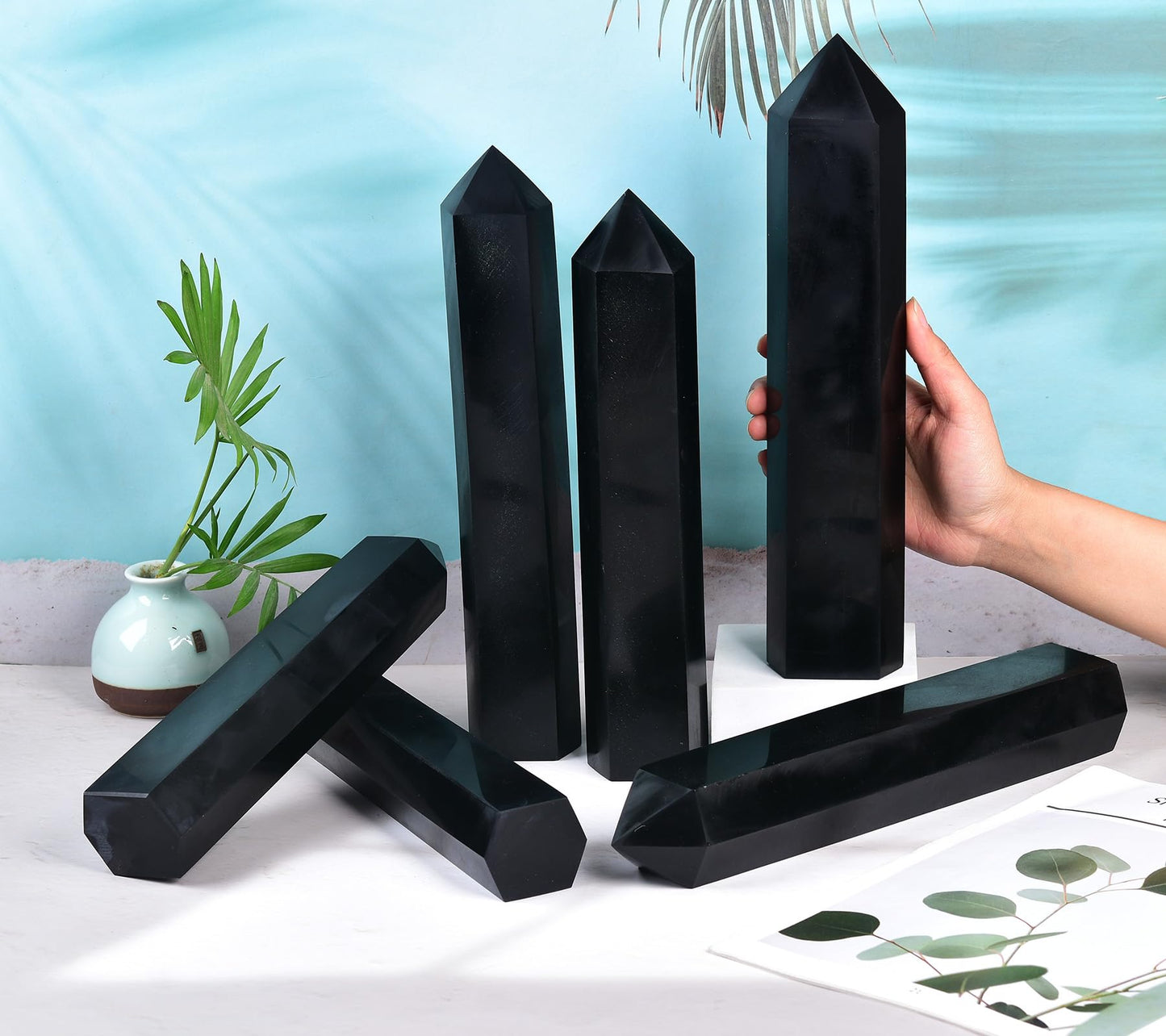 AMOYSTONE 1PC Large Obsidian Tower Stone Wand Healing Crystal Hexagonal Natural Rock Crystal Wand 6 Points Rock Tower for Home Decor 2-2.5 Lbs