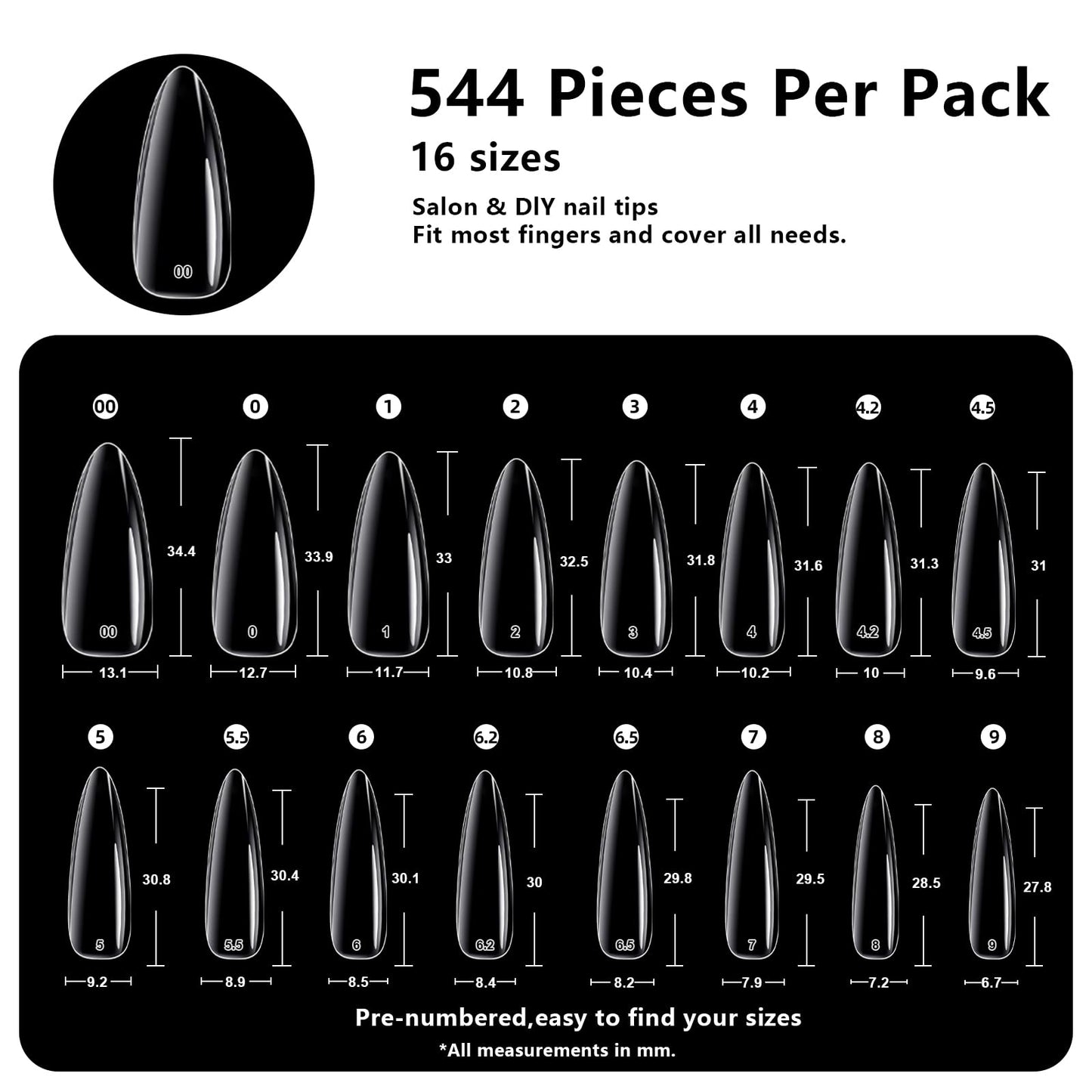 BETE Long Stiletto Clear Acrylic Nail Tips–544Pcs 16 Sizes with Half Sizes, Tipex Instant Apex Full Cover False Nails, Pre-Shaped Strong Thick Press On Nails for Home & DIY Manicure