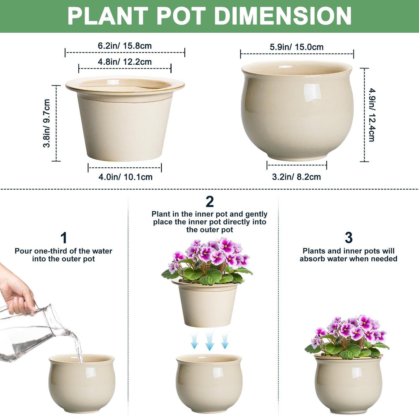 Teagas 6 Inch Self Watering Pots for Indoor Plants, Ceramic African Violet Pots with Absorbent Inner Pot, Easy Self Watering Planter, Round Ceramic Flower Pot, Patio Decor, Gardening Gifts, Beige
