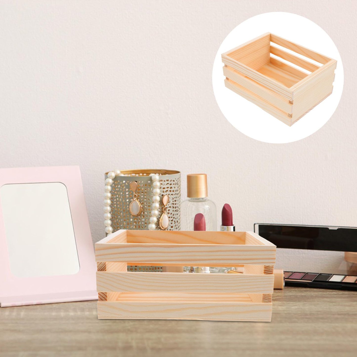 JHKNNK Mini Pine Wood Crate, Artistic Hollow Wooden Storage Box, Unfinished, Compact Decorative Organizer for Study, Office, Bedroom, in