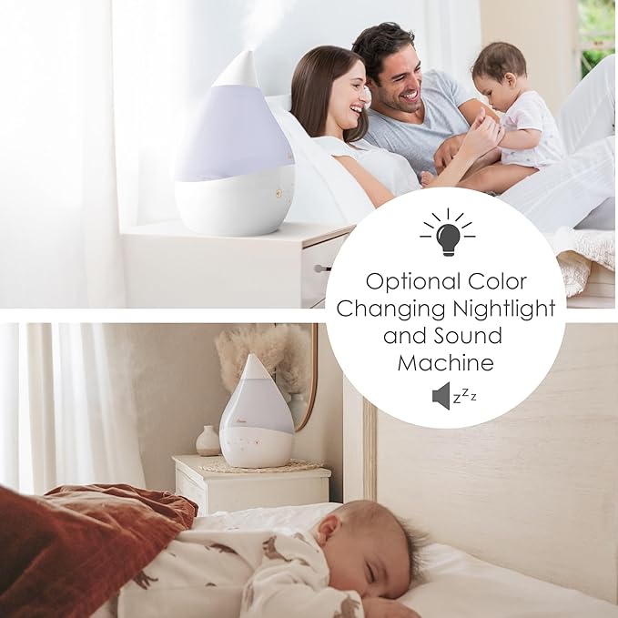 Crane 4-in-1 White Drop Ultrasonic Cool Mist Humidifier with Sound Machine, Night Light, Aroma Tray, 1 Gallon Top Fill White