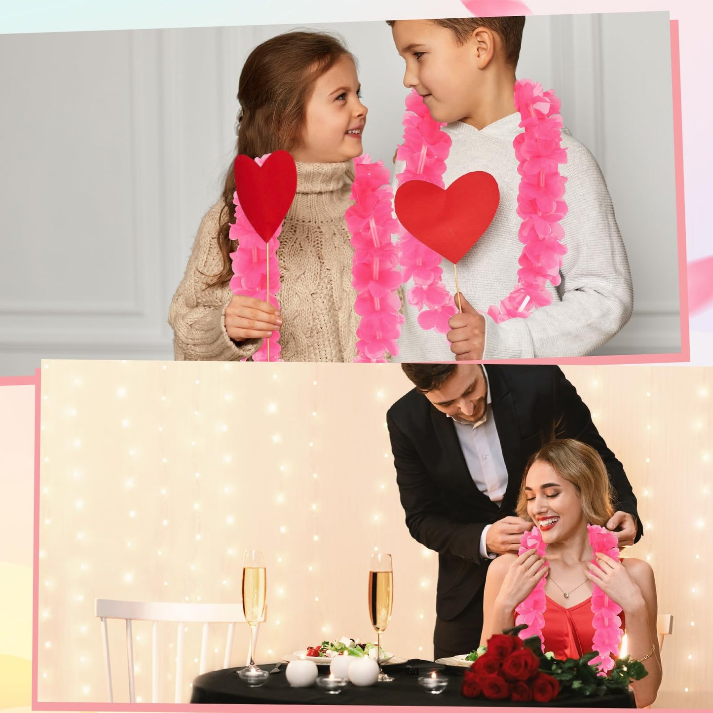 Sherr 24 Pcs LED Hot Pink Leis Light up Wedding Hawaiian Leis Flower Necklace with LED Lights Beach Tropical Carnival Party Wedding Supplies Luau for Masquerade