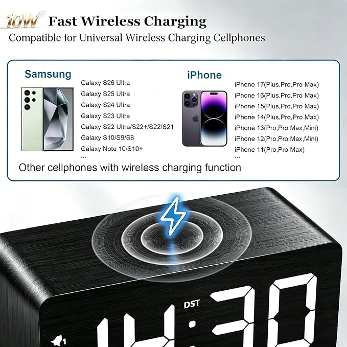 URAYCO Wood Digital Alarm Clock with 10W Fast Wireless Charger, USB Charging Ports, DST, Dimmable, Snooze, Large Number LED Display for Bedrooms, Desk, Living Room Table, Bedside, Nightstand (Black)