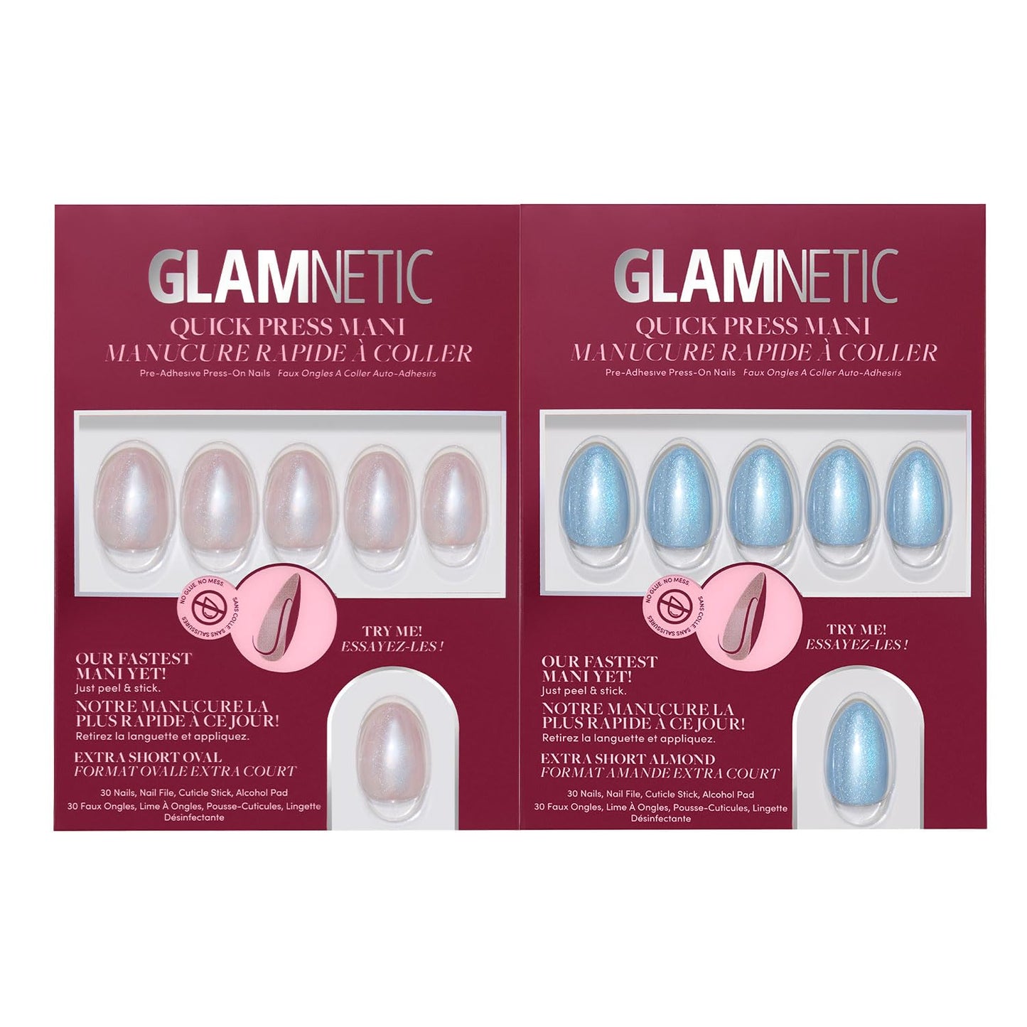 Glamnetic Quick Press Mani Bundle - No Glue Press On Nails, Just Peel and Stick | Nude Glazed & Ocean Prism | Mess Free Salon Quality Stick On Nails | Oval & Almond Extra Short Nails