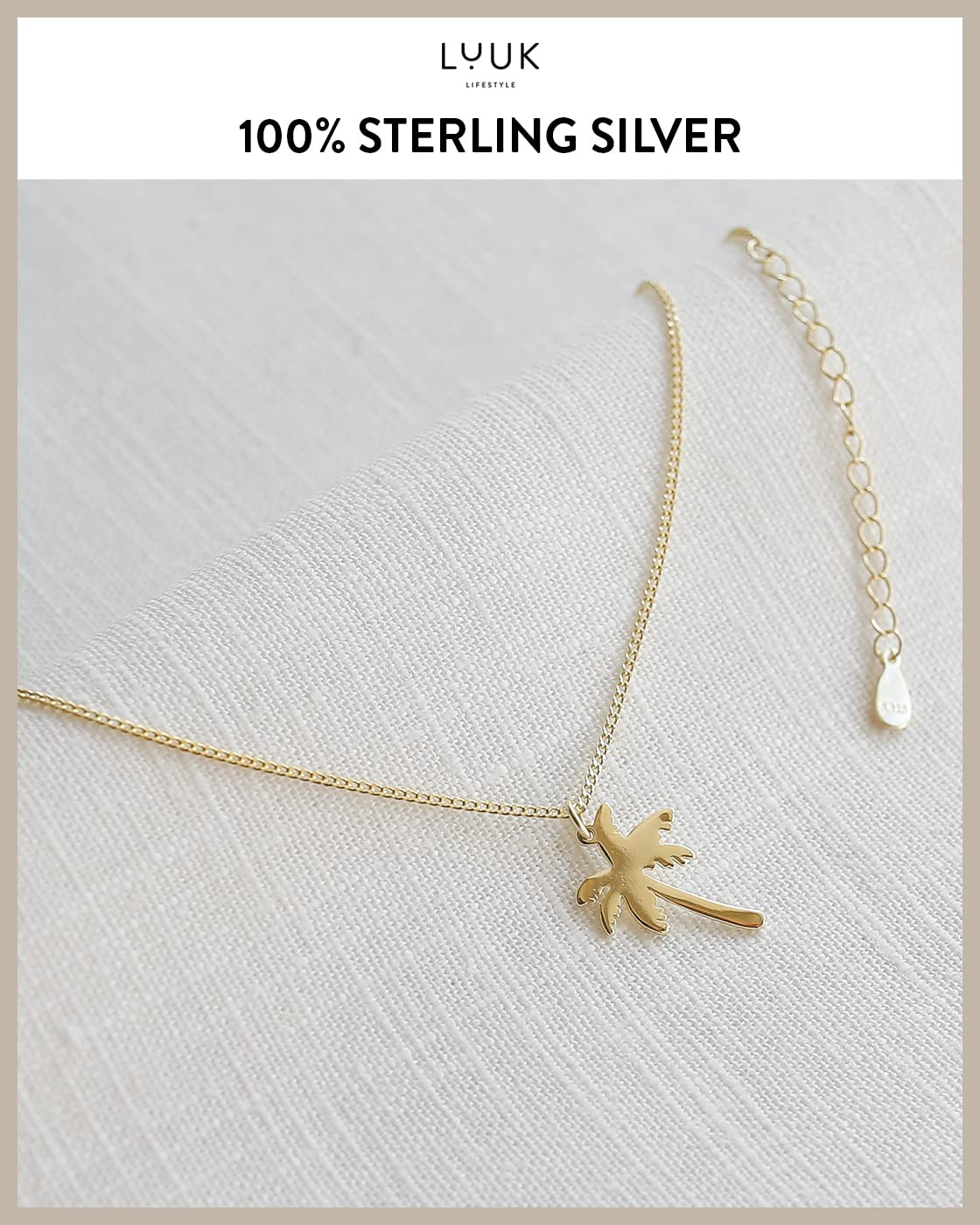 LUUK LIFESTYLE Necklace with palm tree pendant, chain and pendant in 925 sterling silver, modern and minimalist fashion accessory, trendy boho and hippie style, jewelry gift idea for her, gold