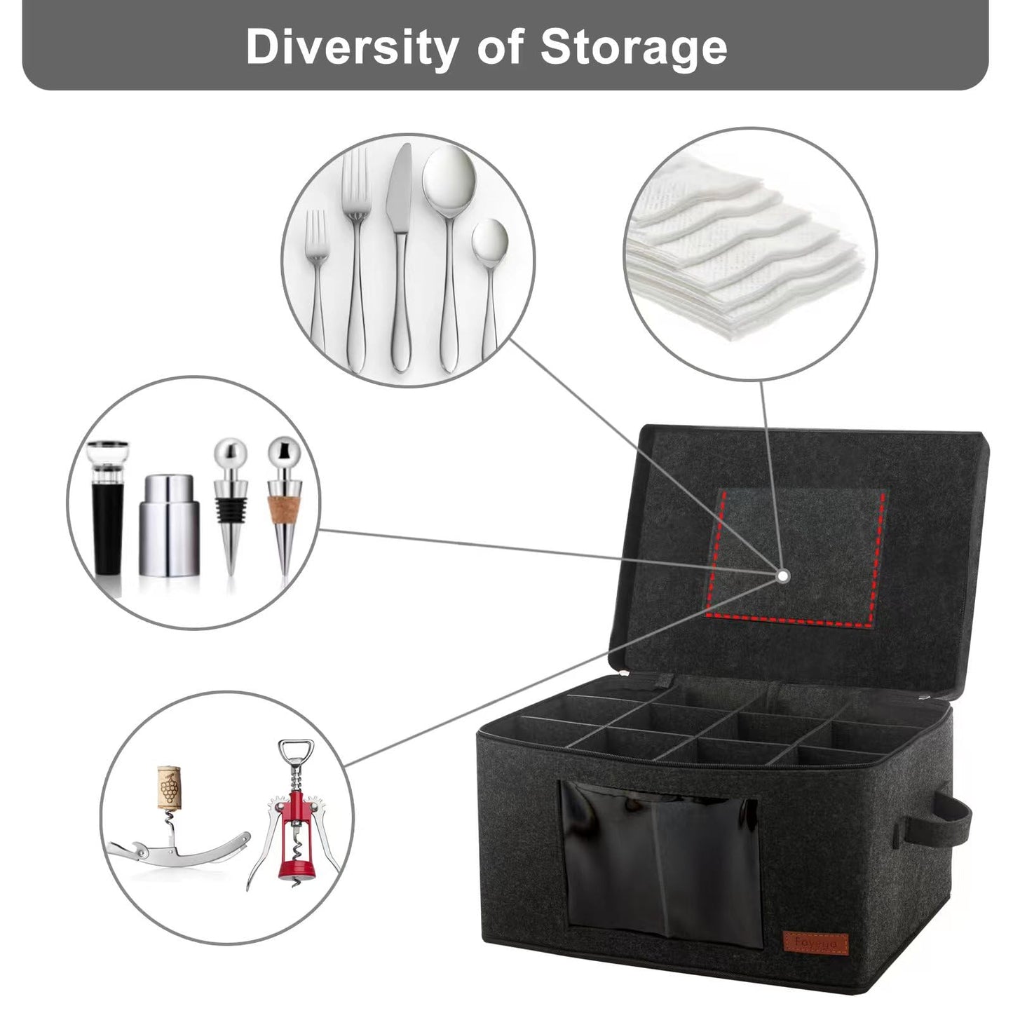 Foyego 2 Pack Wine Glass Storage Box with Dividers, Stemware Storage Containers for Packing and Moving, China Storage Containers Box for 12 Crystal Glassware, Wine Glasses, Drinkware,Dark Gray