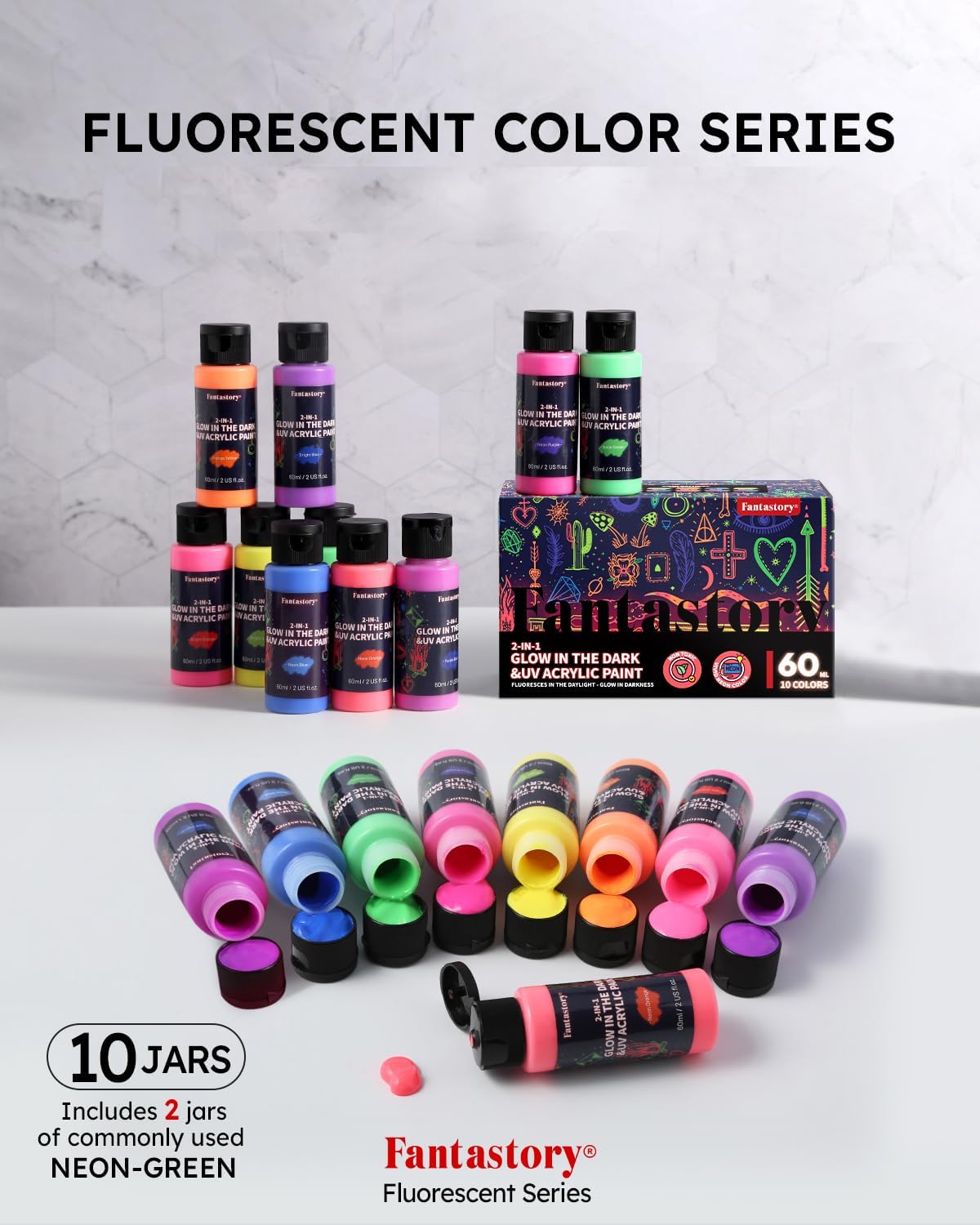 Fantastory Fluorescent Glow in the Dark Paint,60ml /2oz,Neon Colors Glow Acrylic Paints; Waterproof Blacklight Paint for Outdoor Rock,Wood,DIY Craft,Canva,Pumpkin,Halloween,Holiday Decor