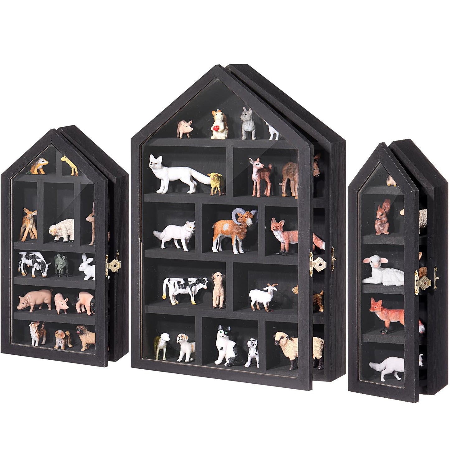 DoubleFill Set of 3 Wooden Trinket Display Shelf Shadow Box with Shelves 10 x 15 Inch Large Wall Mounted Display Storage Mini Figures Curio Trinket Medals Crafts Collections(Black,House Shape)