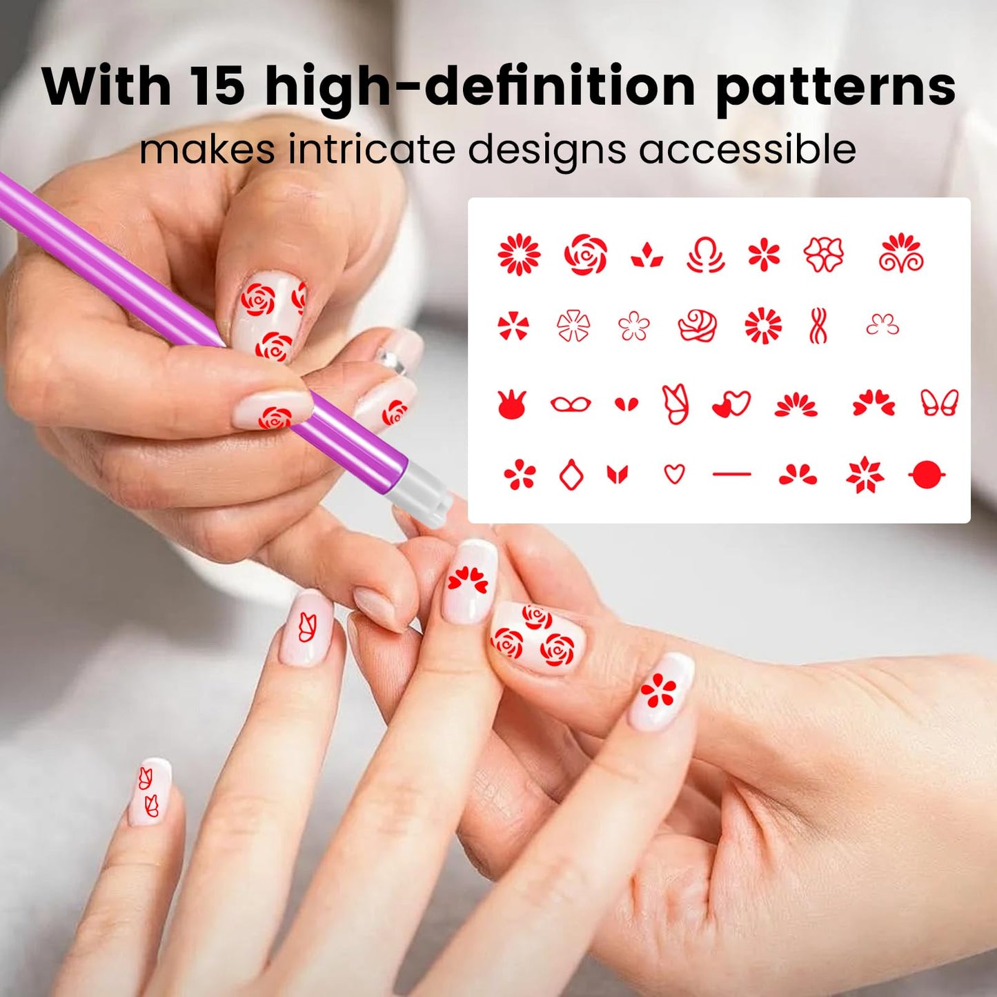 ESUOHYM Nail Art Stamp Pen Set Butterfly Flower Nail Stamper Pen 3s Quick Nail Art Tools with Different Patterns, For Beginner DIY Salon Manicure (Rose Red, Large Pack)
