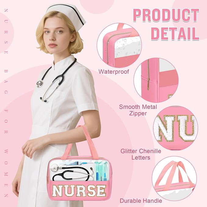 Nurses Week Gifts Chenille Letter Clear NURSE Makeup Bag for Women,Preppy Nurse Cosmetic Pouch Zipper with Handle Nurse Essentials Bag for Work Supplies,Travel Waterproof Toiletry Storage(NURSE-Pink)