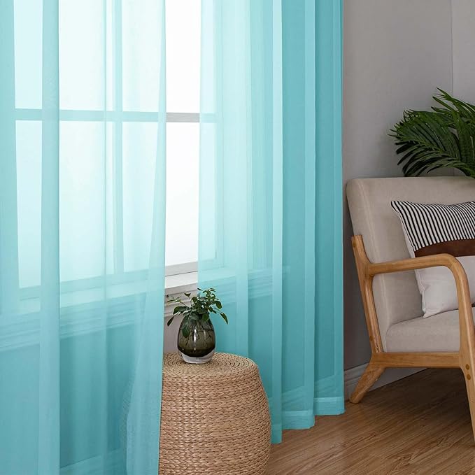 Lecloud Aqua Sheer Curtains for Living Room 72 Inches Long 2 Panels, Dual Rod Pockets Solid Window Curtains for Bedroom, Modern Farmhouse Decor Voile Light Filtering Drapes, Each Panel 42" W x 72" L
