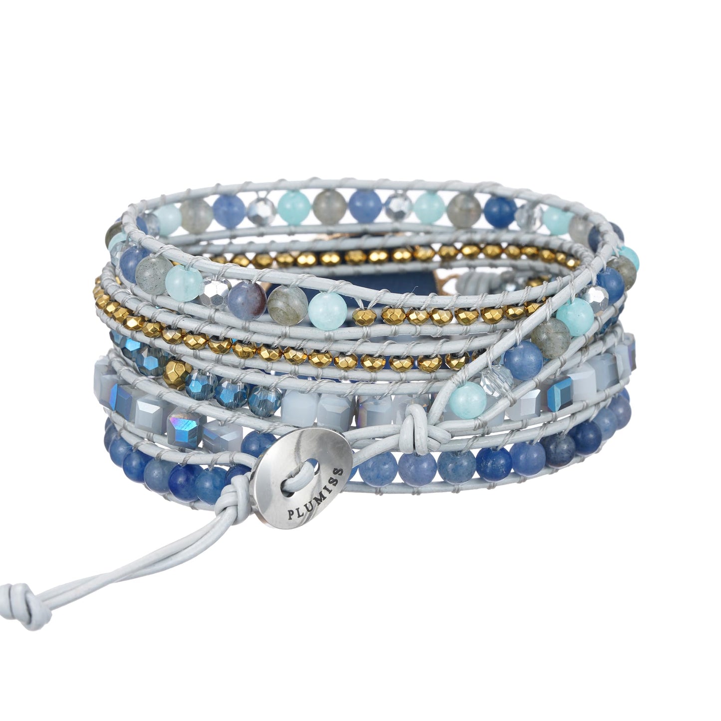 Plumiss Boho Handmade Stone Bracelet for Women Unique Healing Blue Aventurine Jasper Beaded Leather 5X Wrap Bracelets Jewelry for Women