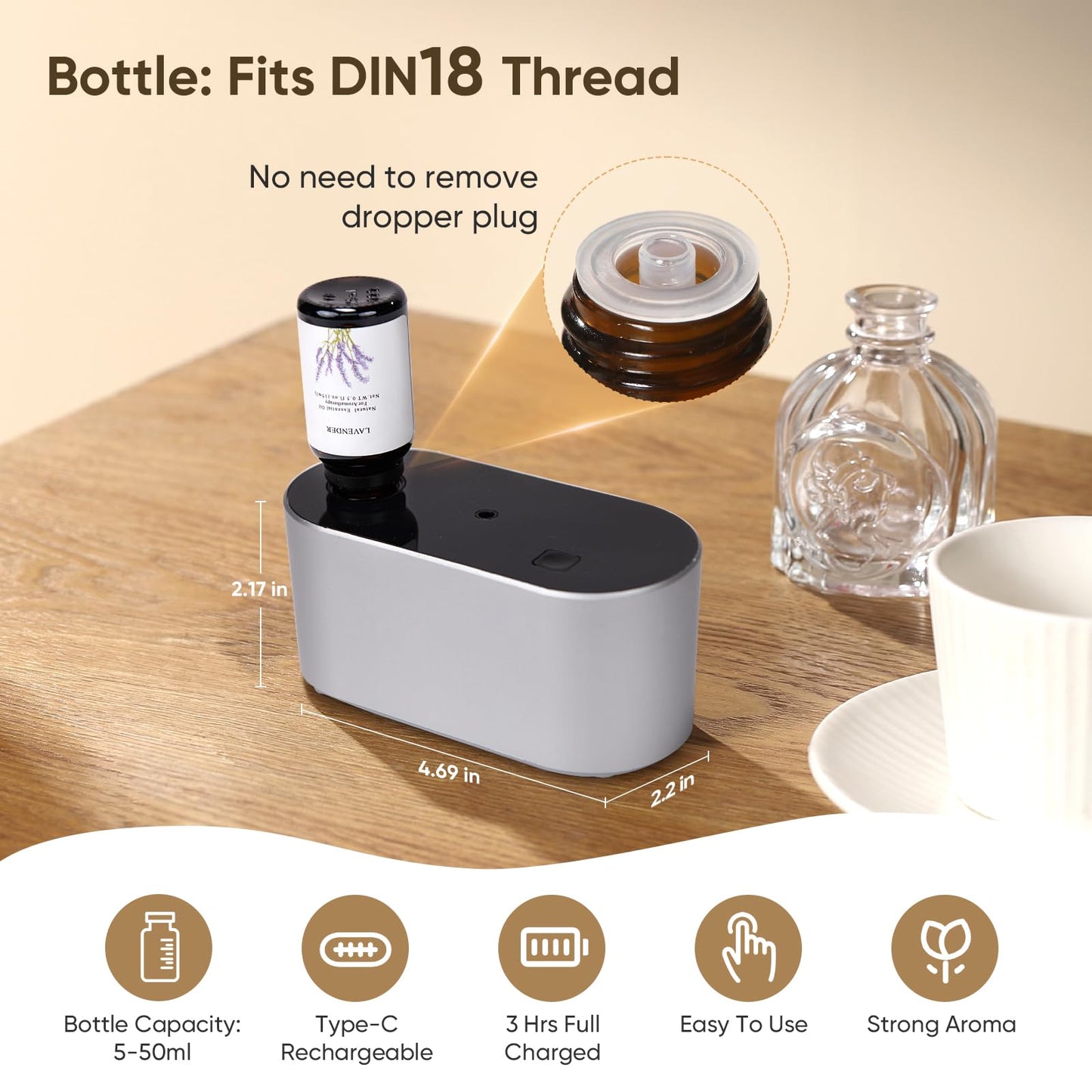Waterless Diffuser for Home Essential Oil Diffuser, Aromatherapy Diffuser, Portable Scent Diffusers, 3 Mist Modes, Cycle Start for Bedroom, Office Studio 350-700 sq. ft Silver